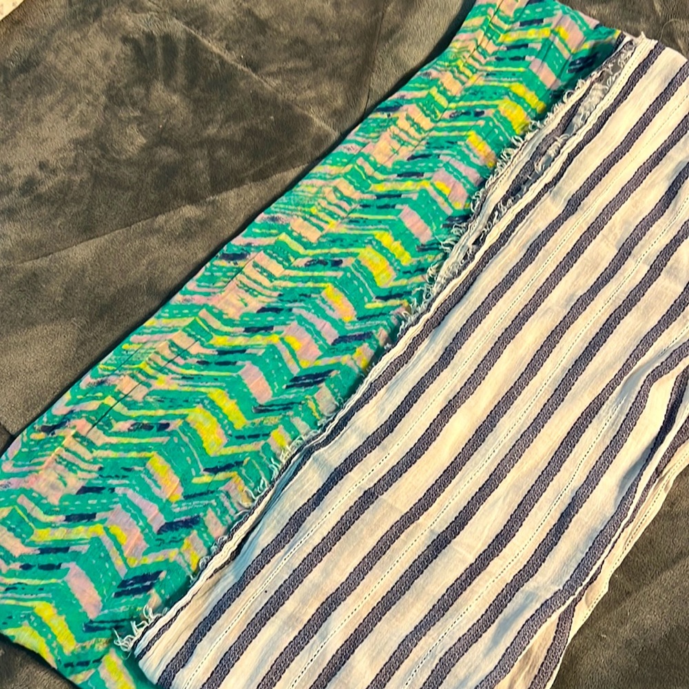 2 American eagle scarfs. 1-Navy/white stripe. 1-multi colored.